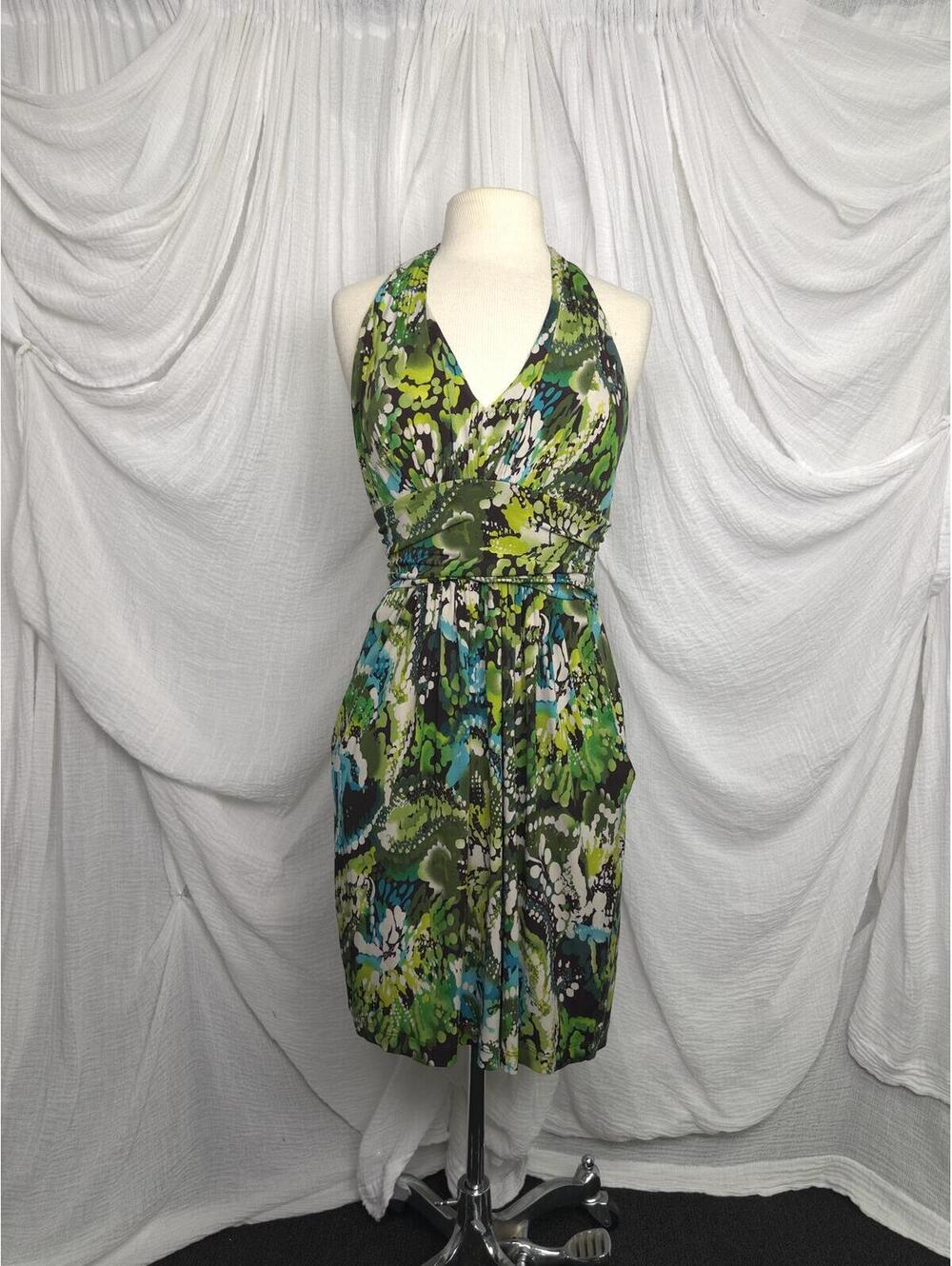 Earthy Hippie Boho Green Floral Halter Dress